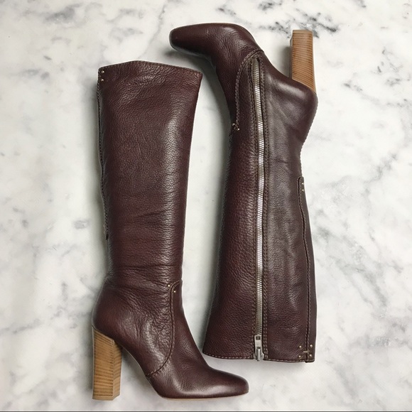 Chloe Shoes - Chloe Pebbled Leather Stud Accent Tall Boots Brown